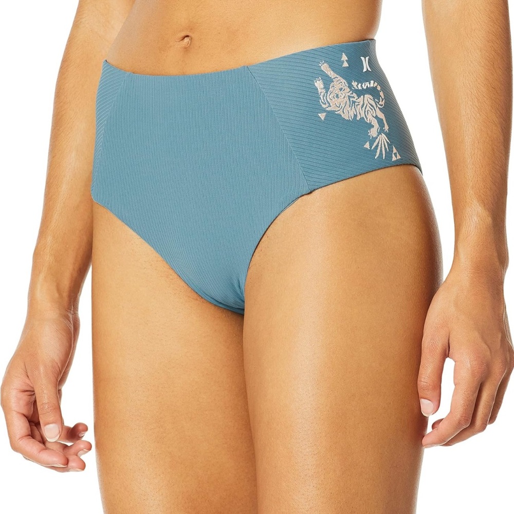 Hurley QuickDry Ribbed High Waist Swim Bottom - Celestial Teal Tiger
